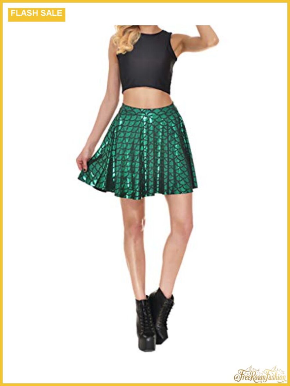 Mermaid Fish Scale Pleated Flared Mini Skirt High Rise Stretch